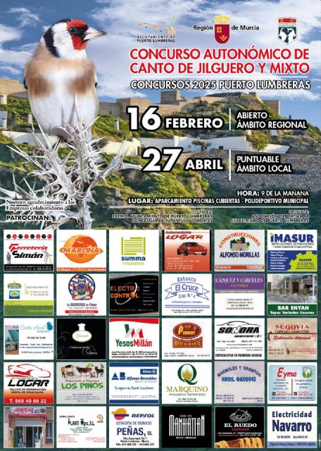Puerto Lumbreras acogerá el Concurso Autonómico de Canto de Jilguero y Mixto el 16 de febrero y el 27 de abril
