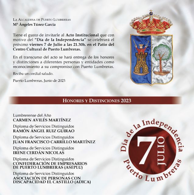 Puerto Lumbreras conmemorará el 65 aniversario con motivo de su Independencia con un acto para reconocer a personalidades y asociaciones empresariales y sociales del municipio