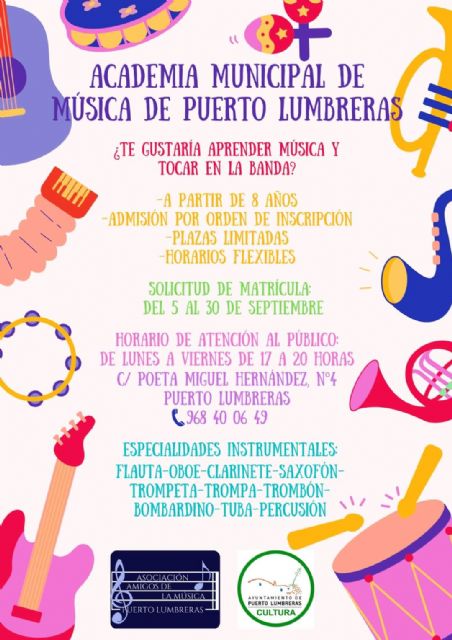 Abierto el plazo de matrícula de la Academia Municipal de Música de Puerto Lumbreras para el curso 2022/2023