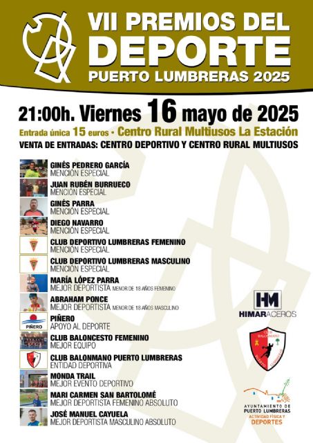 Puerto Lumbreras celebrará la séptima edición de los Premios del Deporte el próximo 16 de mayo en el Pabellón Rural Multiusos del Esparragal
