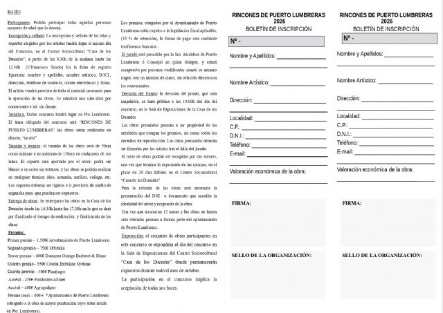 La vigésimo primera edición del Concurso de Pintura al Aire Libre 'Rincones de Puerto Lumbreras' tendrá lugar el 4 de octubre
