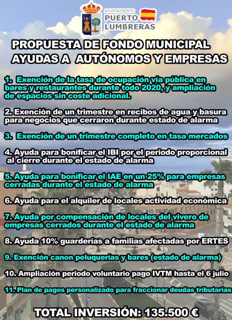 Puerto Lumbreras destinará más de 135.000 euros en ayudas económicas y fiscales a empresas y autónomos del municipio