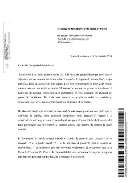 El Ayuntamiento de Puerto Lumbreras solicita 11.000 mascarillas a la Delegación del Gobierno para proteger a toda la población