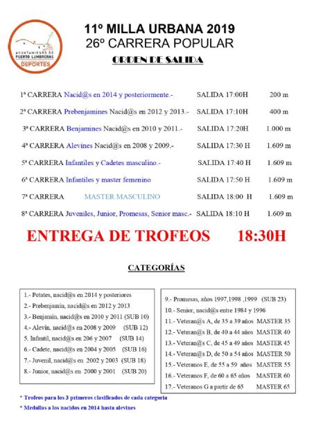 Puerto Lumbreras acoge el próximo sábado la XI Milla Urbana Popular y XXVI Carrera Popular 'Ciudad de Puerto Lumbreras'