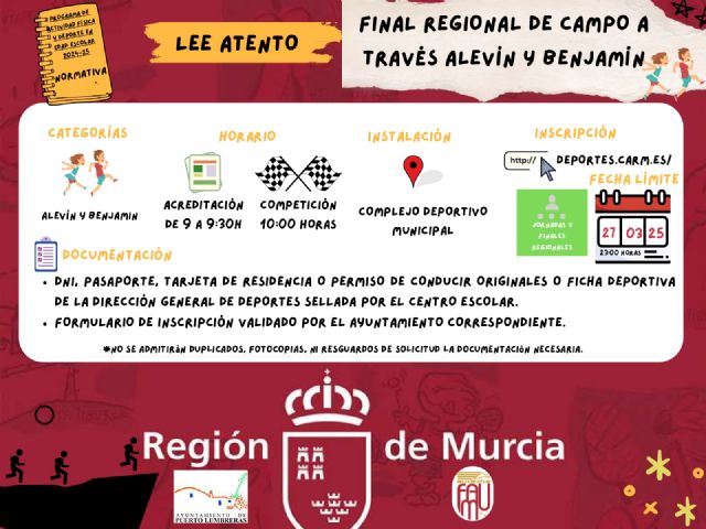 Puerto Lumbreras acogerá la final regional de Campo a través en categorías alevín y benjamín el viernes, 4 de abril