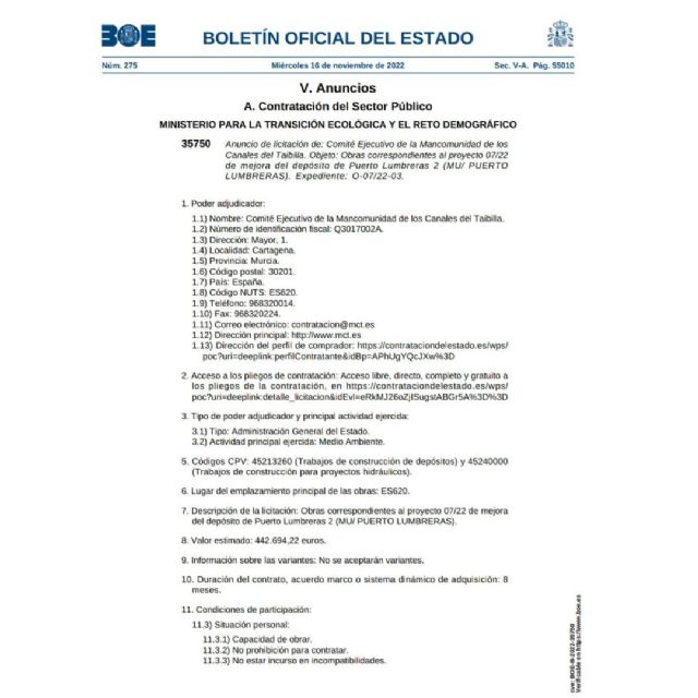 Salen a licitación las obras de mejora del Depósito 2 de Puerto Lumbreras