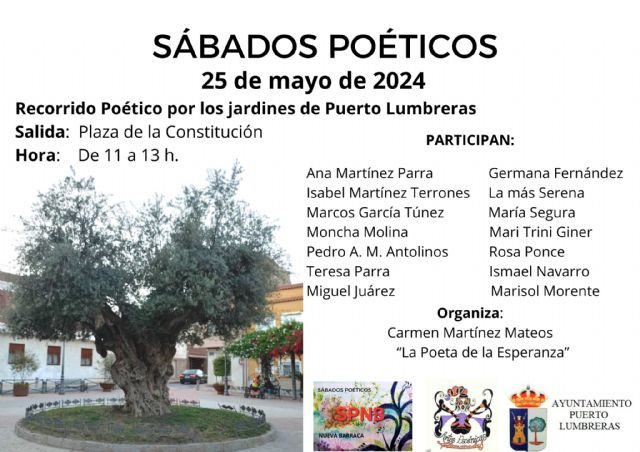 Puerto Lumbreras celebrará el evento 'Sábados Poéticos', el próximo 25 de mayo, con un recorrido y recital por las plazas del municipio