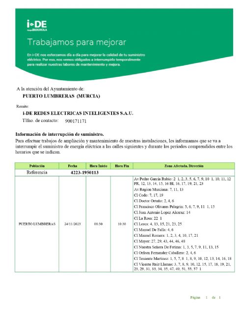 Corte del suministro eléctrico en varias calles de la localidad este viernes 24 de noviembre