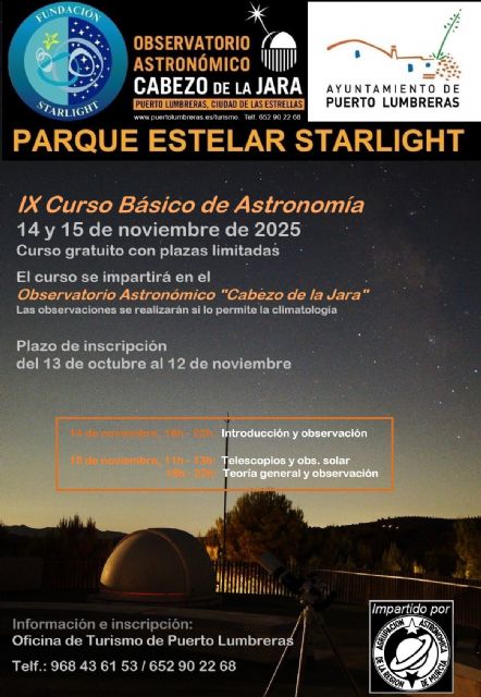 El Observatorio Astronómico Cabezo de la Jara acogerá el IX 'Curso Básico de Astronomía' los días 14 y 15 de noviembre