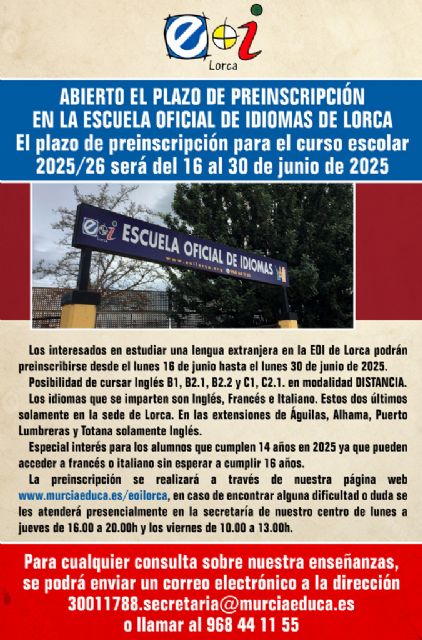 La sede de Puerto Lumbreras de la Escuela Oficial de Idiomas abre el plazo de preinscripción para cursar estudios de inglés en el municipio
