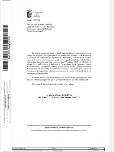 El ayuntamiento de puerto lumbreras no dispone de partida presupuestaria para la recogida separada de residuos