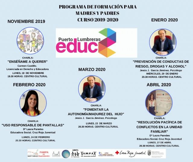 Varias charlas componen el programa de formación para madres y padres de Puerto Lumbreras para el curso 2019-2020