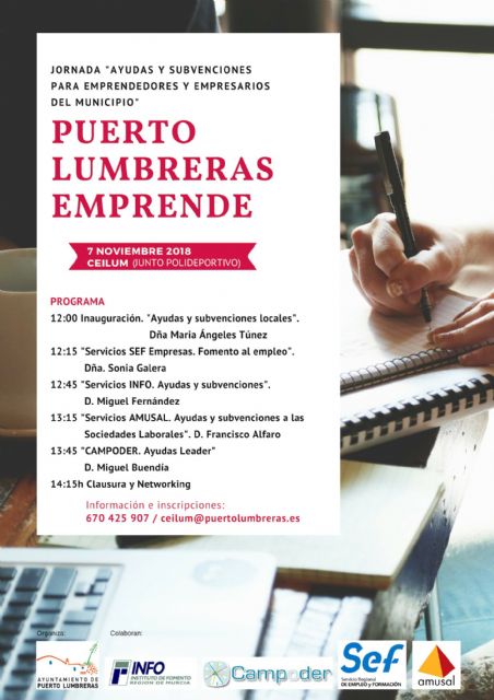 Puerto Lumbreras acogerá el 7 de noviembre una jornada informativa sobre ayudas y subvenciones para empresarios