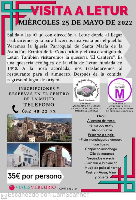La Asociación de Mujeres Amigas sin Fronteras, junto con la Concejalía de la Mujer de Puerto Lumbreras, organiza el segundo viaje a Letur (Albacete)