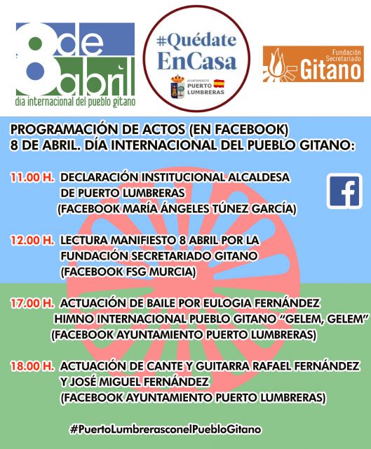 El Ayuntamiento de Puerto Lumbreras junto a la Fundación Secretariado Gitano celebran el Día Internacional del Pueblo Gitano con varias actividades a través de Facebook