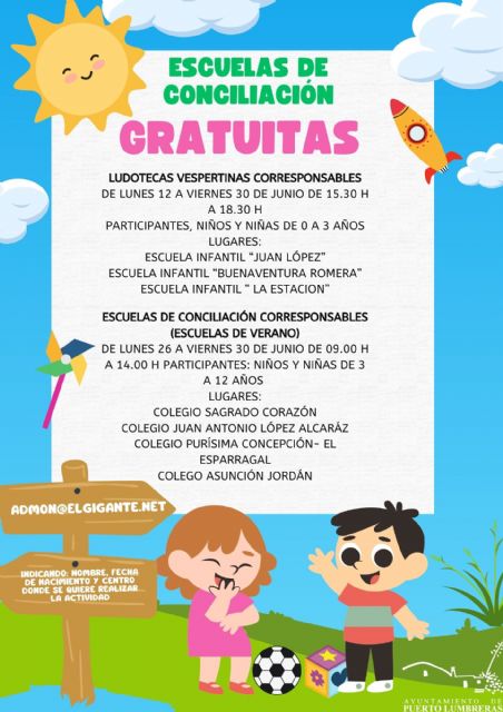 Puerto Lumbreras ofrece escuelas de conciliación y ludotecas gratuitas para menores de 0 a 12 años durante el mes de junio
