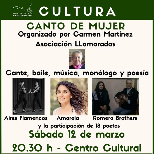 Puerto Lumbreras celebrará el 'Canto de Mujer', un espectáculo de cante, baile, música y poesía