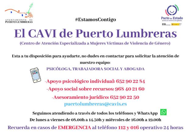El Centro de Atención a Mujeres Víctimas de Violencia de Género de Puerto Lumbreras permanece activo durante el estado de alarma debido al Covid-19