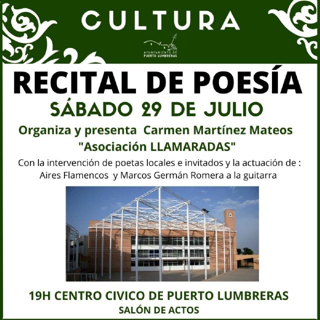 Puerto Lumbreras acogerá un nuevo recital de poesía este sábado, 29 de julio