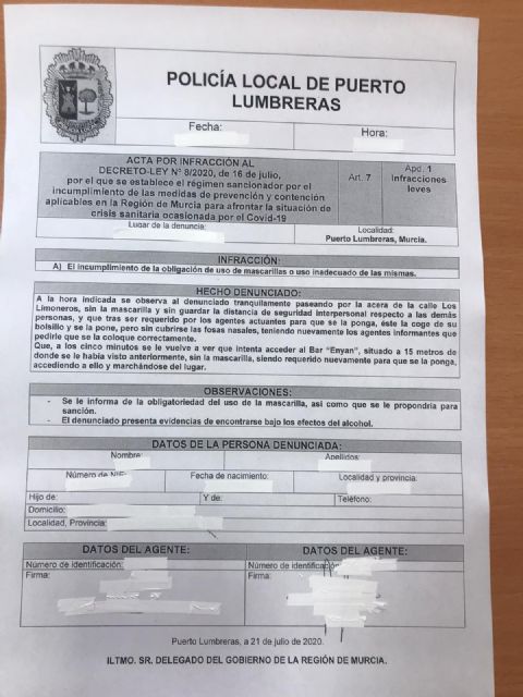 La Policía Local de Puerto Lumbreras impone una decena de denuncias en los controles por el uso obligatorio de la mascarilla
