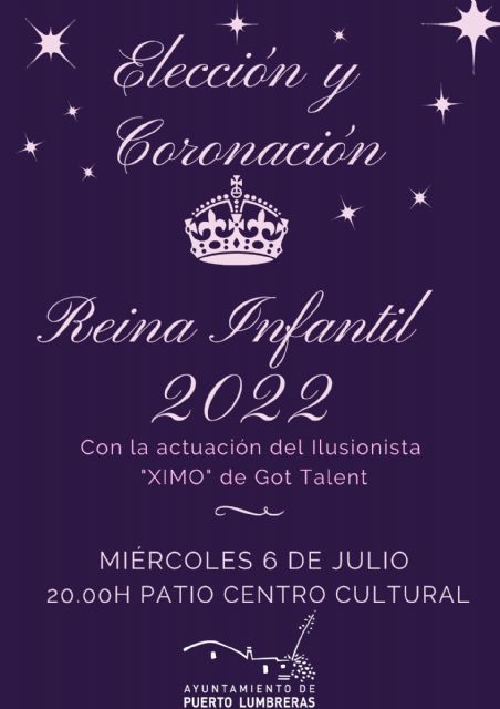 Puerto Lumbreras celebrará la elección y coronación de la Reina Infantil el próximo miércoles, 6 de julio