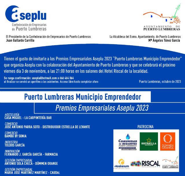 La Confederación de Empresarios de Puerto Lumbreras celebrará los Premios Empresariales Aseplu 2023 este viernes